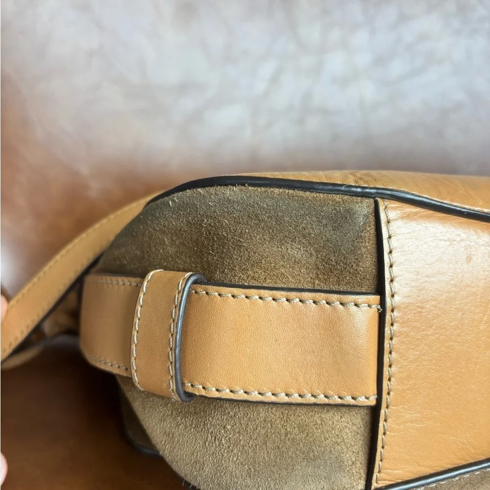 Michael Kors Romy Medium Suede Satchel Crossbody Bag Taupe Tan Leather